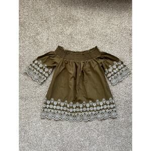 Abercrombie Fitch XS Top Olive Green Eyelet Embroidered Smocked Off Shoulder